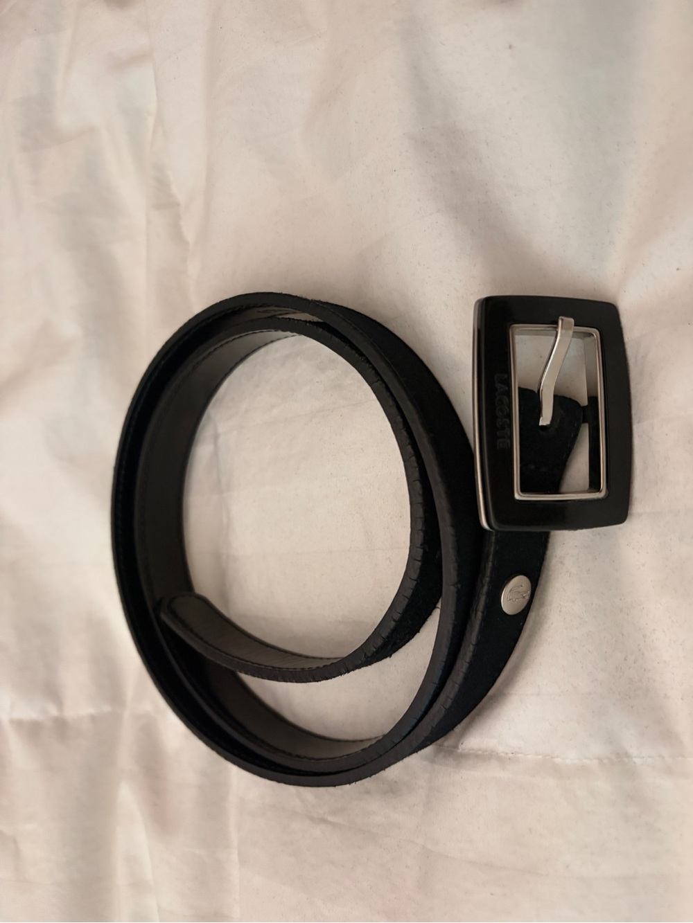 Lacoste Black Leather Belt with Silver-Tone Rectangular Buckle